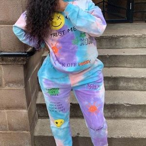Letter Print Tie-dye Oversized Pants Set